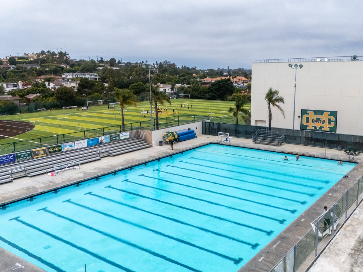 Aerial view of the Mira Costa pool and West Field